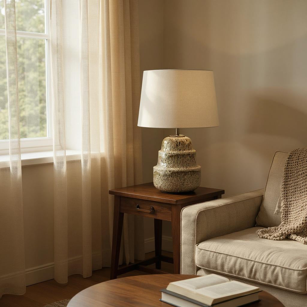 Cream Ceramic Table Lamp with Striped Base and Handmade Pleated Drum Shade – 3 Layer, 59cm Shade, Living Room or Hallway