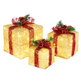 Set of 3 Golden Gift Box Christmas Decorations with Lights, 6, 8 and 10 Inch, 5M Cord – Indoor and Outdoor