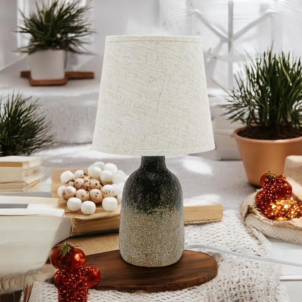 AcaciaHome Grey Two-Tone Ceramic Table Lamp with Drum Shade – 40cm Bedside & Desk Lighting