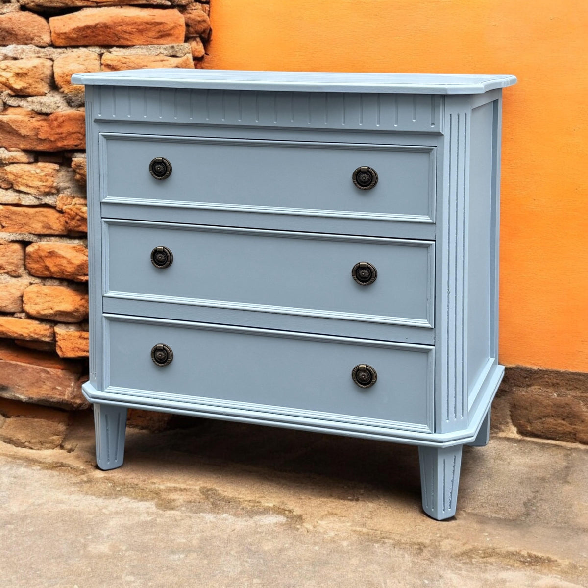 Carved 3-Drawer Chest Console Table with Antique Bronze Handles – Painted Hallway Storage, Sky Blue