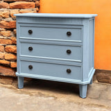 Carved 3-Drawer Chest Console Table with Antique Bronze Handles – Painted Hallway Storage, Sky Blue