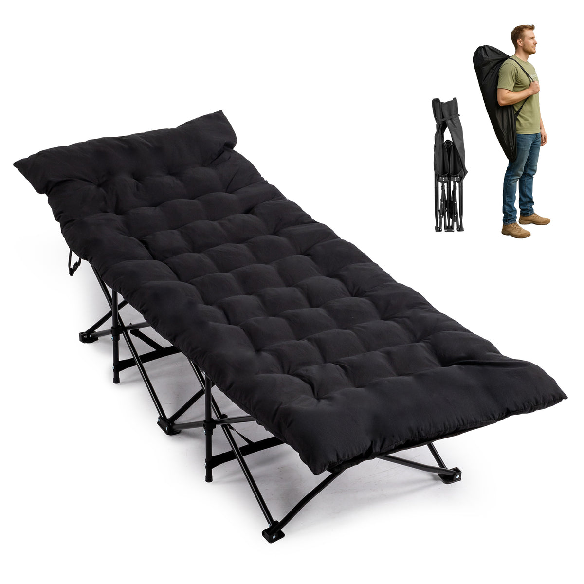 Folding Camping Cot Bed with Soft Mattress Pad – Portable Adult Sleeping Bed for Tent, Office Nap and Travel