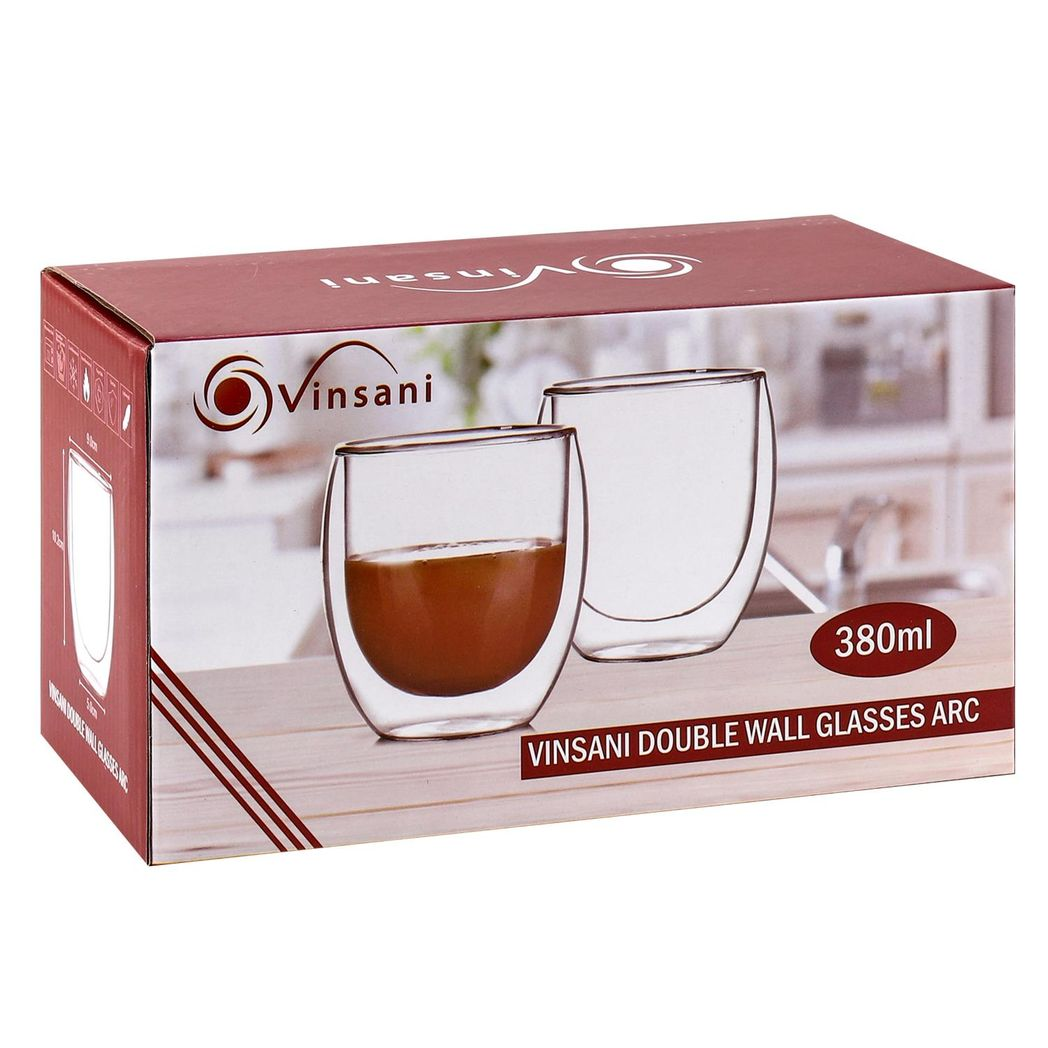 Vinsani Double Wall Glasses Set of 2 – Borosilicate Cups for Hot and Cold Drinks, Arc Design, 380ml