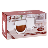 Vinsani Double Wall Glasses Set of 2 – Borosilicate Cups for Hot and Cold Drinks, Arc Design, 380ml