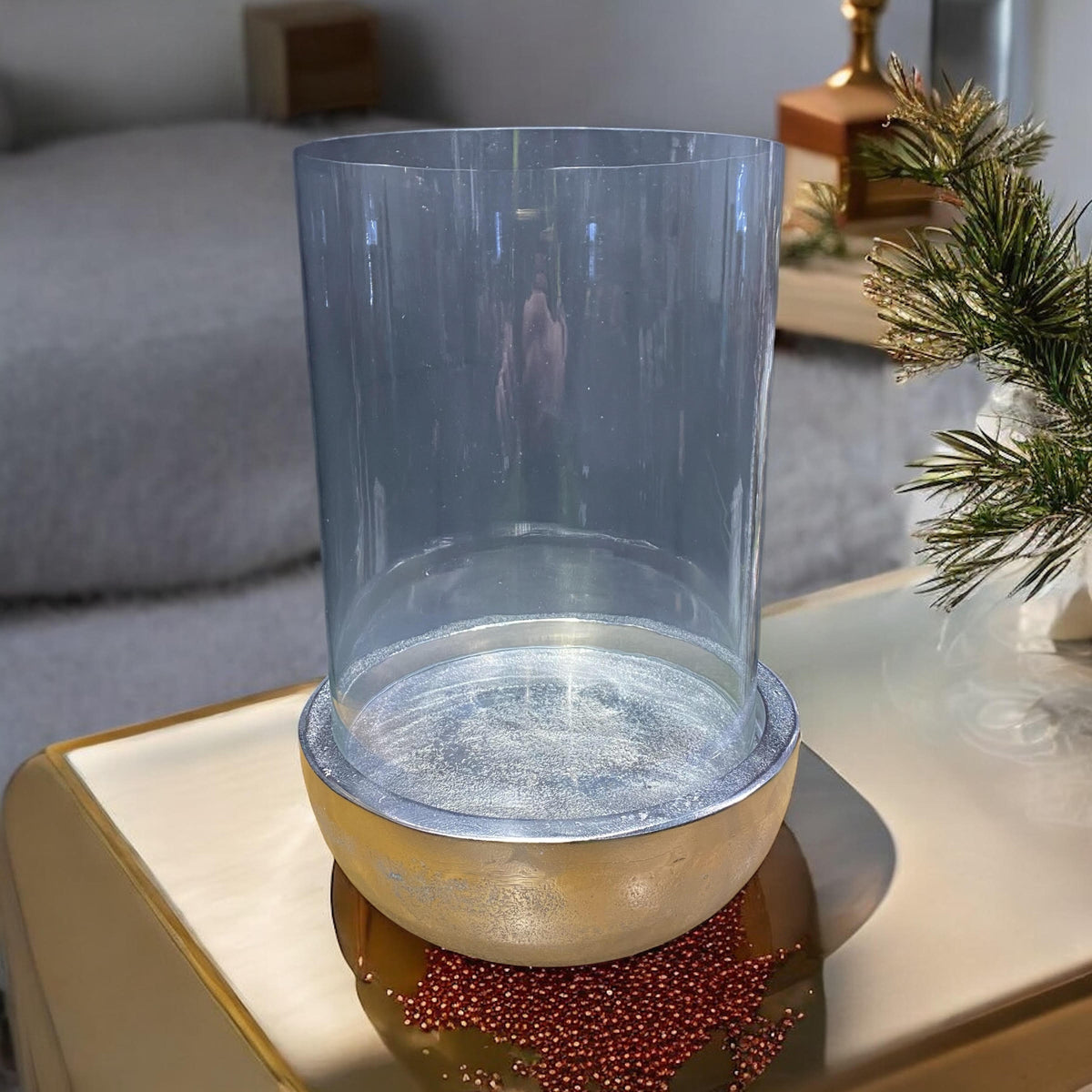 Silver Chrome Hurricane Candle Holder, 32cm – Wood, Metal & Glass Centrepiece for Pillar Candles