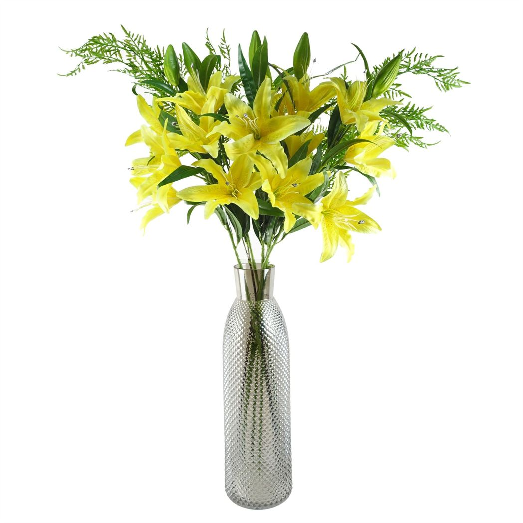 Leaf Large Artificial Lily Stems, Pack of 6 x 100cm with 18 Silk Flowers – Yellow