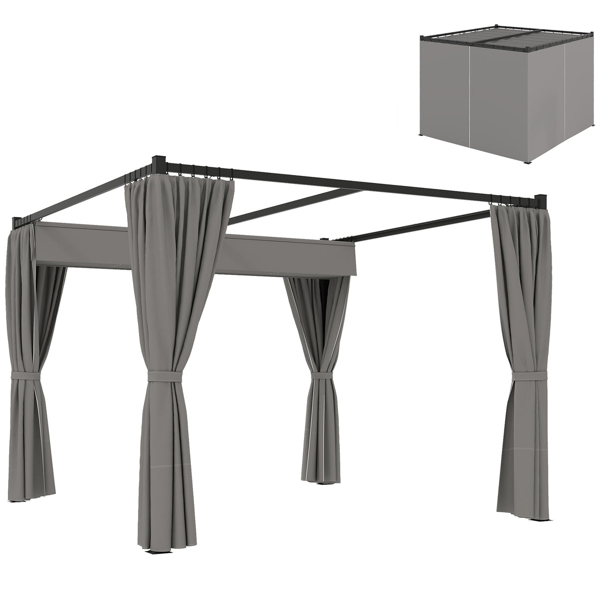 Outsunny 3x3m Retractable Pergola with PU Canopy & Privacy Curtains – Metal Frame Garden Shade, Light Grey