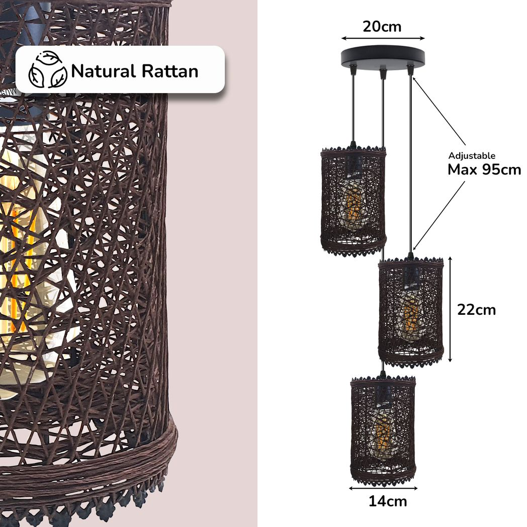 LEDSONE 3 Head Wicker Rattan Pendant Light with Round Base, E27 Holders & Adjustable Cords – Dining Lighting
