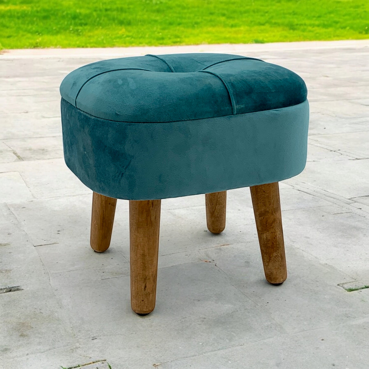 AcaciaHome Round Velvet Ottoman Footstool with Lift-Up Storage – Traditional Pattern for Living Room or Office, Blue