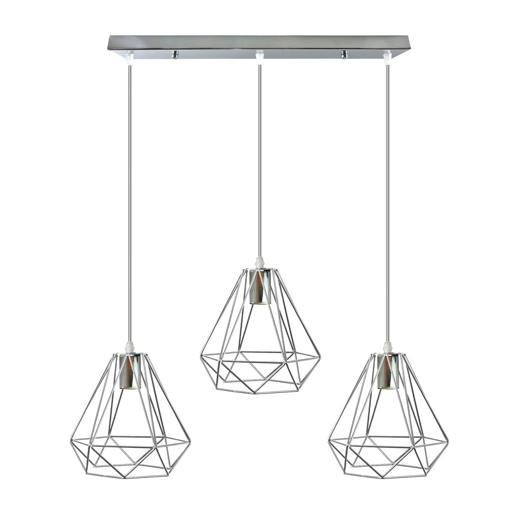 LEDSONE 3-Head Ceiling Pendant with 20cm Chrome Diamond Wire Cages – Vintage Industrial Rectangular Base