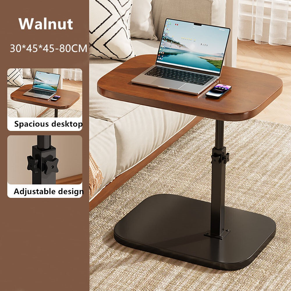 C-Shaped Adjustable Height Sofa Side Table with 360° Rotating Top – Wood and Iron End Table, Walnut