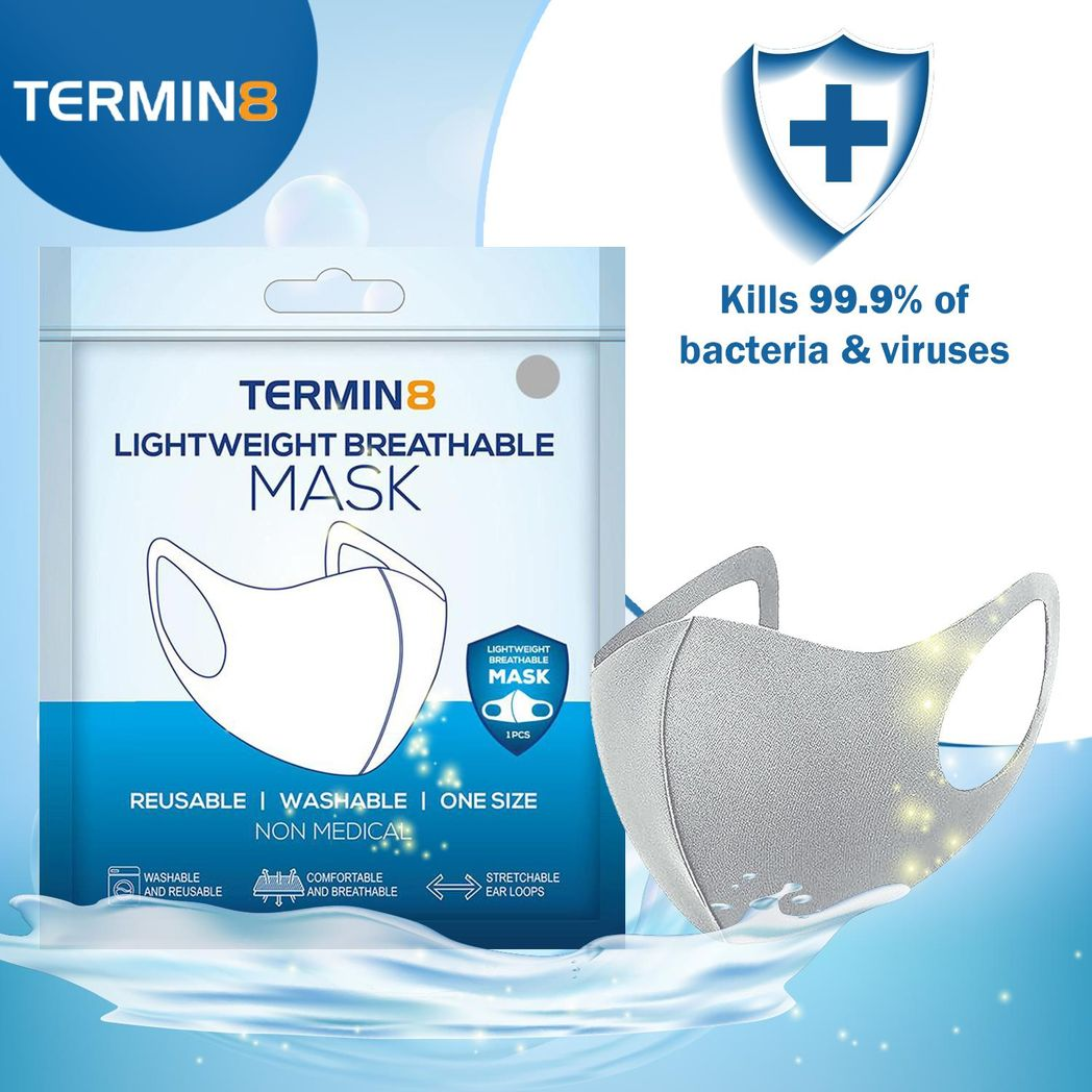 Termin8 Reusable Face Mask for Adults and Teens – Lightweight, Breathable Double-Layer, Grey