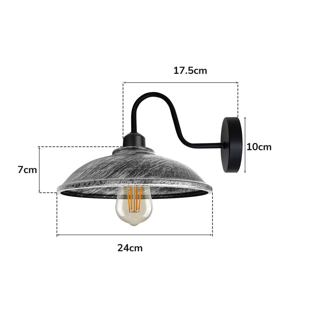 Vintage Hemisphere Wall Light with Swan Neck and E27 Socket – Dimmable Indoor Sconce, Brushed Silver