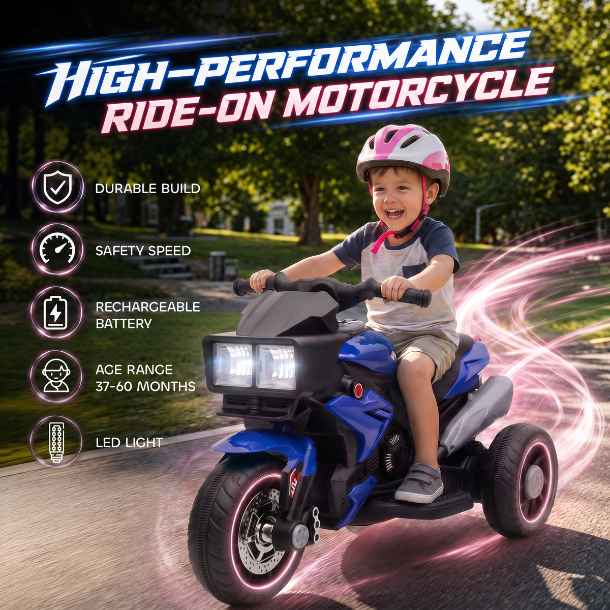 AIYAPLAY Kids Electric Ride-On Motorbike with 3 Wheels, Horn & Headlights – Toddler Battery Motorcycle, Blue