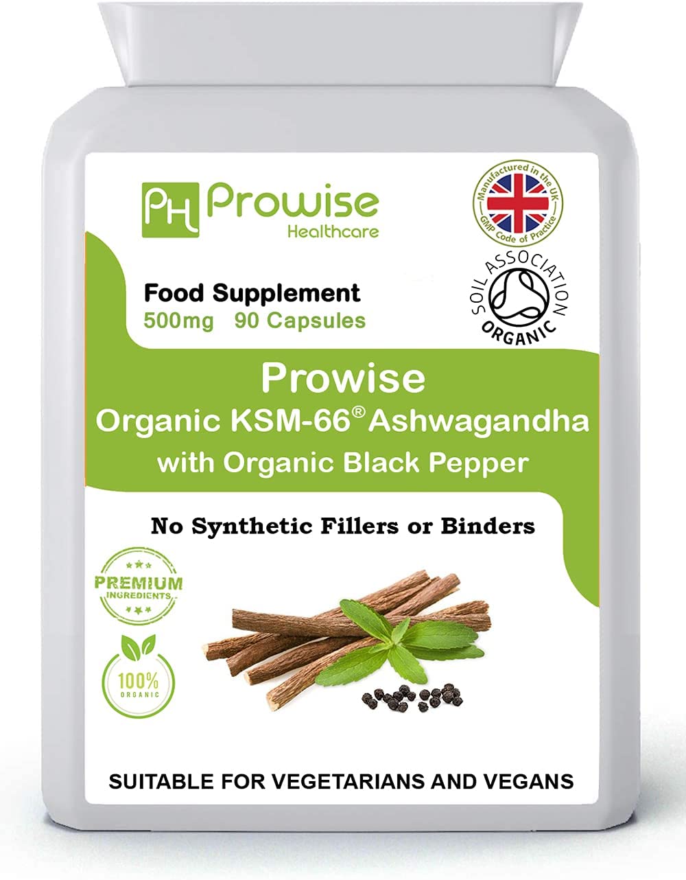 Prowise KSM-66 Ashwagandha 500mg with Organic Black Pepper – Full-Spectrum Root Extract, 90 Capsules