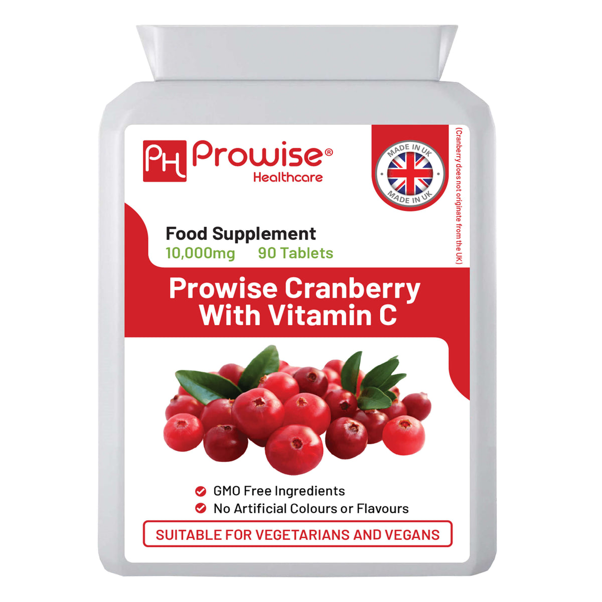Prowise Cranberry 10,000mg with Vitamin C 80mg – 90 Vegan Tablets, Double Strength, No Added Sugar, Made in UK