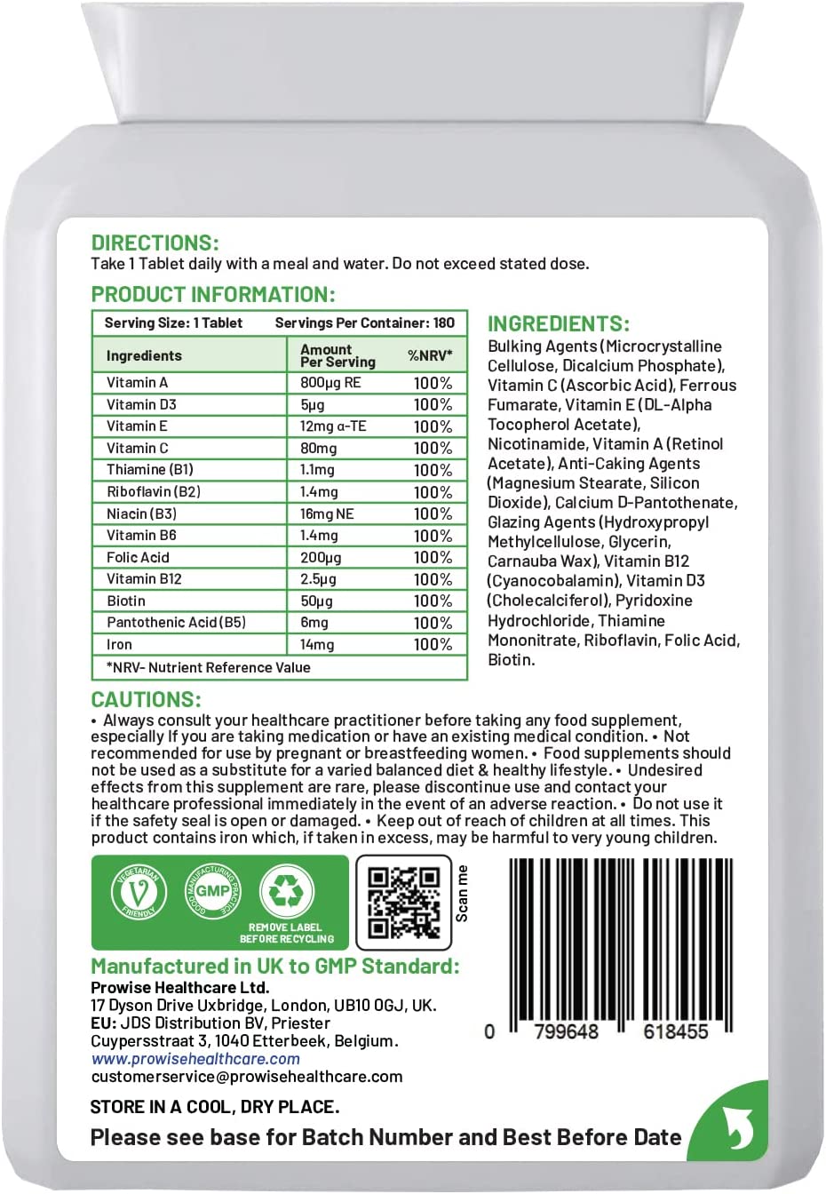 Prowise Healthcare Multivits and Iron+ Daily Multivitamin Tablets – Health Support, 180 Tabs