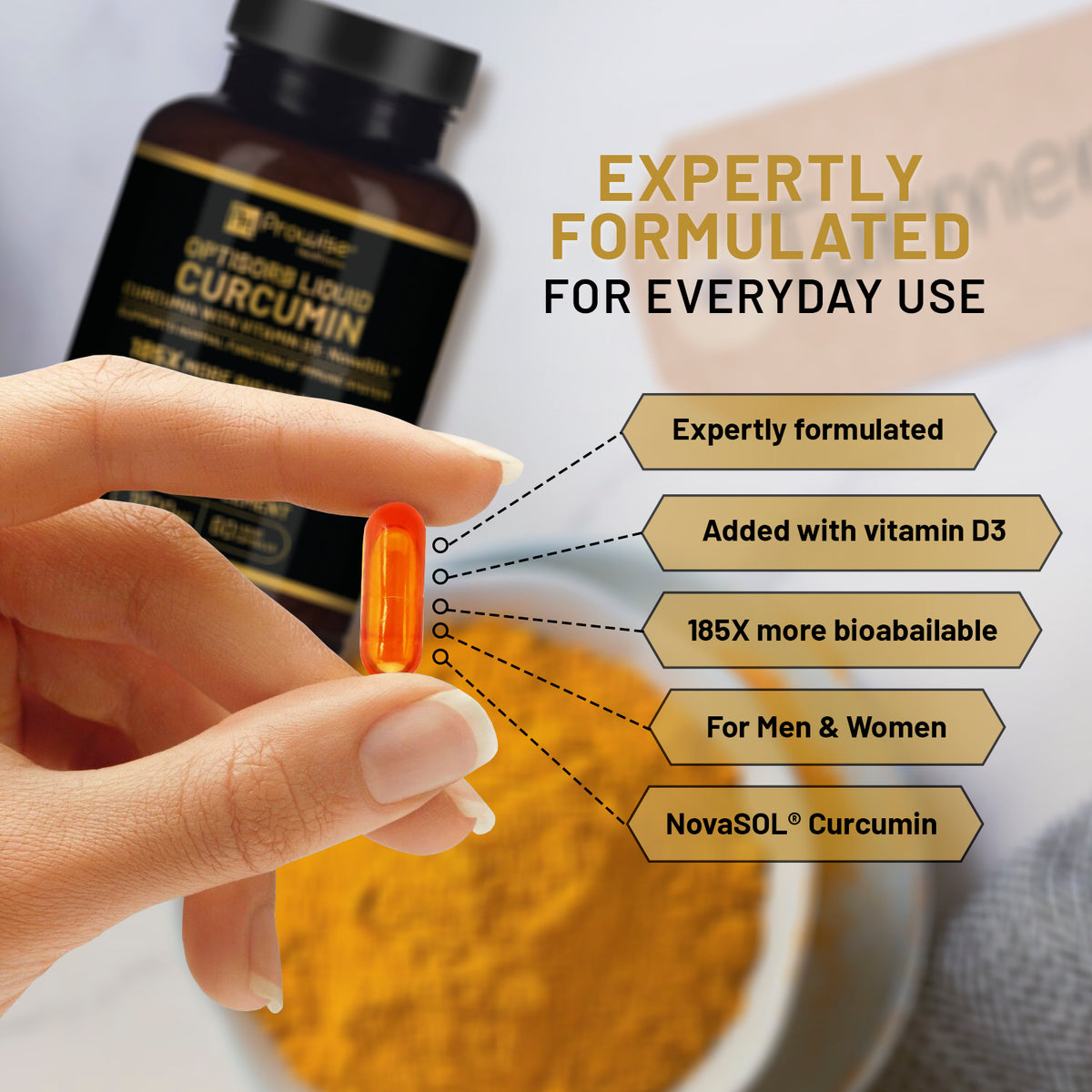 Prowise Optisorb Liquid Curcumin with Vitamin D3 – 60 Liqcaps, Turmeric NovaSOL Formula