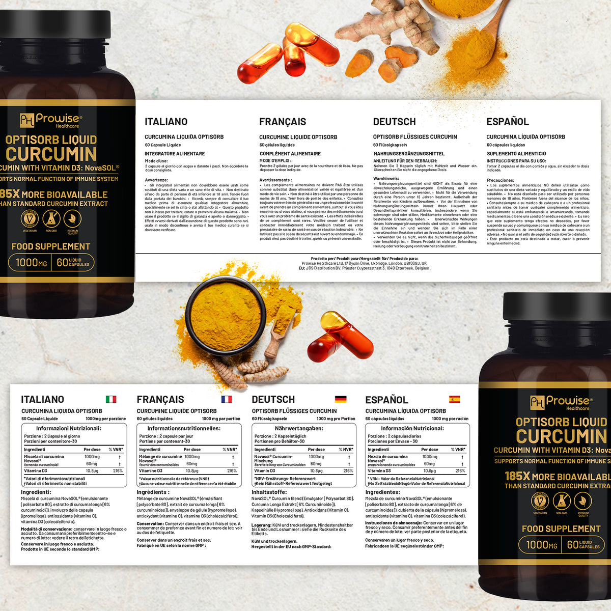 Prowise Optisorb Liquid Curcumin with Vitamin D3 – 60 Liqcaps, Turmeric NovaSOL Formula