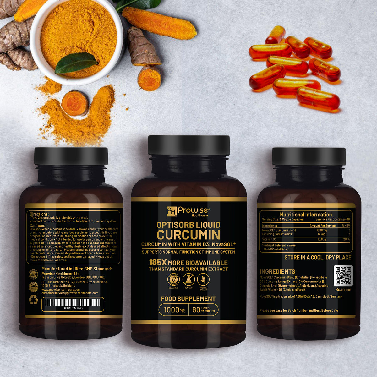 Prowise Optisorb Liquid Curcumin with Vitamin D3 – 60 Liqcaps, Turmeric NovaSOL Formula