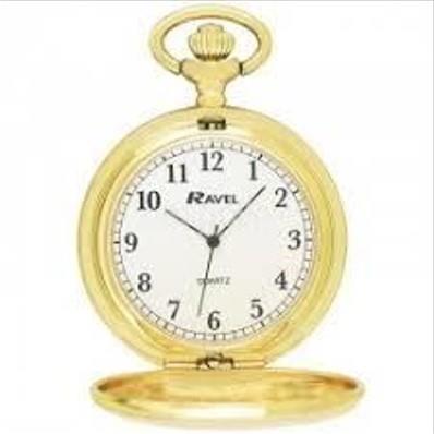 Ravel Plain Pocket Watch with Polished Gilt Case, Arabic Dial & Chain – Classic Quartz, R1001.03
