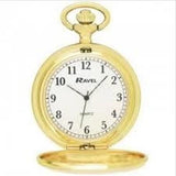 Ravel Plain Pocket Watch with Polished Gilt Case, Arabic Dial & Chain – Classic Quartz, R1001.03