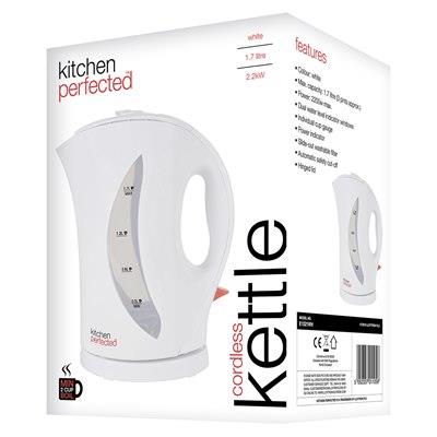 KitchenPerfected 2kW 1.7L Cordless Kettle with Cup Indicators, Dual Water Windows & Washable Filter – White