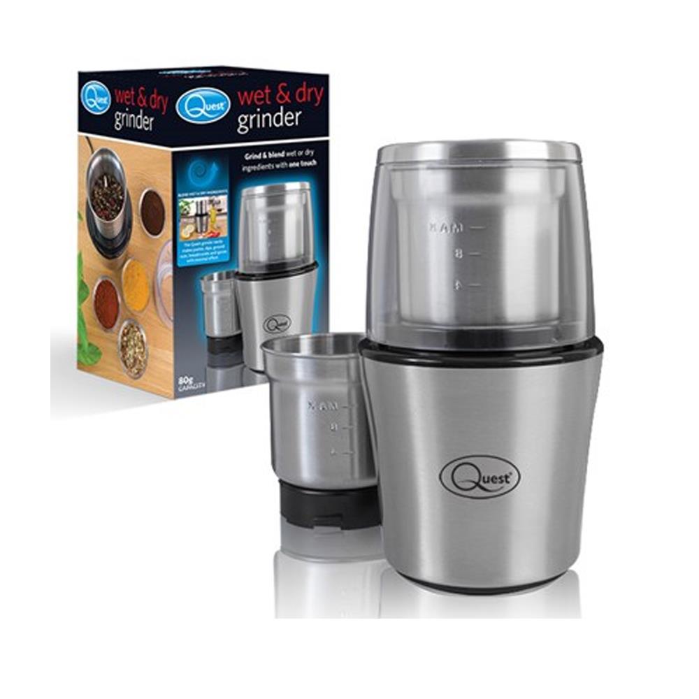 Quest Compact Electric Grinder with Stainless Steel Blades, 80g Capacity, 200W & 2 Grinder Cups – Wet & Dry Use
