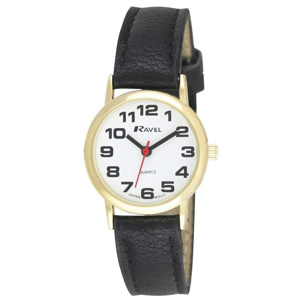Ravel Ladies Classic Watch – White Dial, Gold Tone, Black Leather Strap
