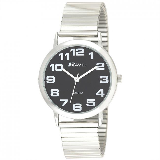 Ravel Men's Stainless Steel Expander Bracelet Watch – Black Dial, 35mm