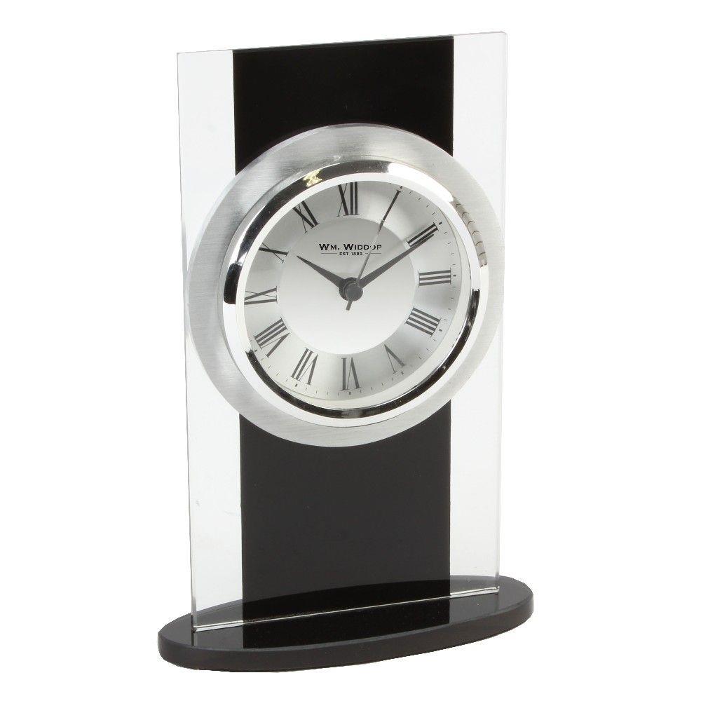 Wm. Widdop Black & Clear Glass Mantel Clock with Roman Numeral Dial & Sword Hands – Contemporary Design