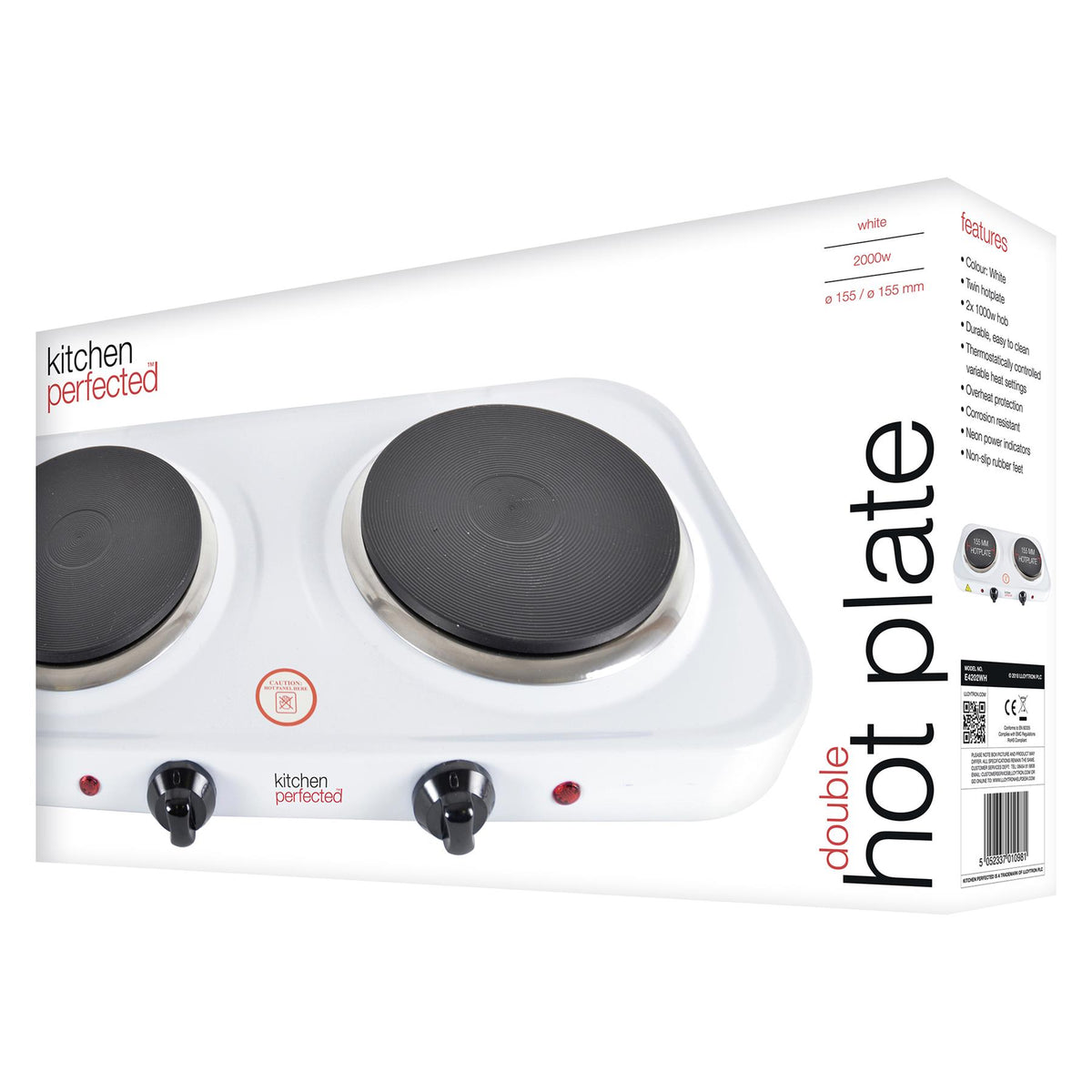 Kitchen Perfected Double Hot Plate 2000W with Variable Heat & Overheat Protection – Cast Iron, White