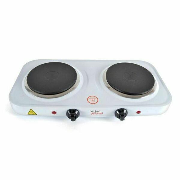 Kitchen Perfected Double Hot Plate 2000W with Variable Heat & Overheat Protection – Cast Iron, White