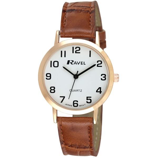 Ravel Gents Classic Watch with Easy-Read Arabic Dial & Croco-Pattern Faux Leather Strap – Brown/Gold