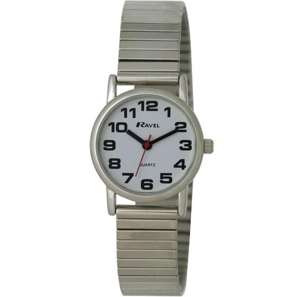 Ravel Ladies Easy Read Expander Bracelet Watch – 27mm Polished Case, Silver Tone