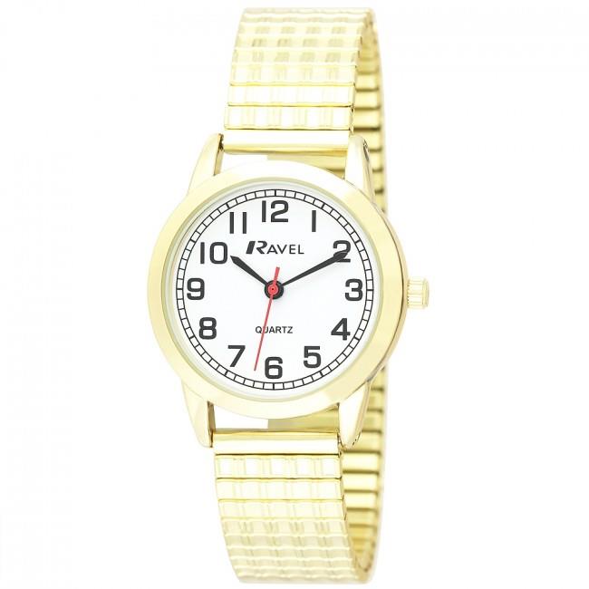 Ravel Ladies Bold Number Watch, White Dial, Gold Expander Bracelet, 27mm
