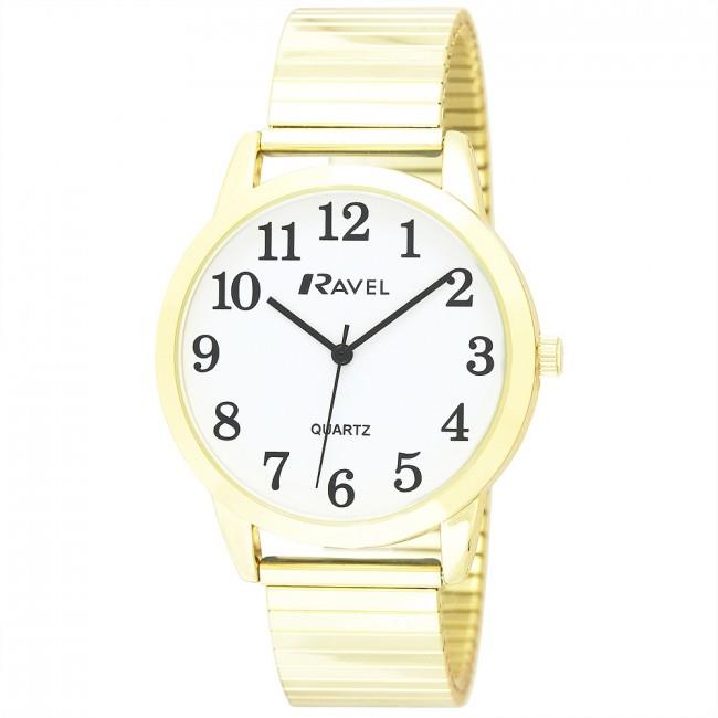 Ravel Men's Bold Number Expander Bracelet Watch – White Dial, Gold Tone