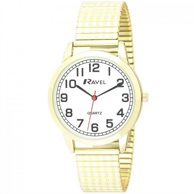 Ravel Men's Bold Number Expander Bracelet Watch – White Dial, Gold Tone (R0232.12.1)