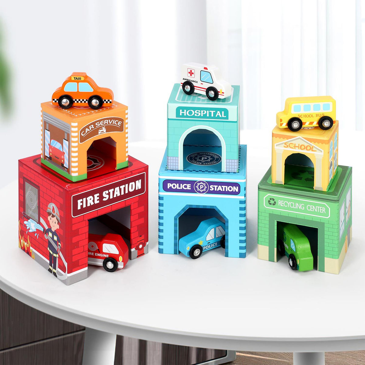 SOKA Stacking Cube Toy with 6 Vehicles – Stacker Tower for Emergency Cars and Role Play