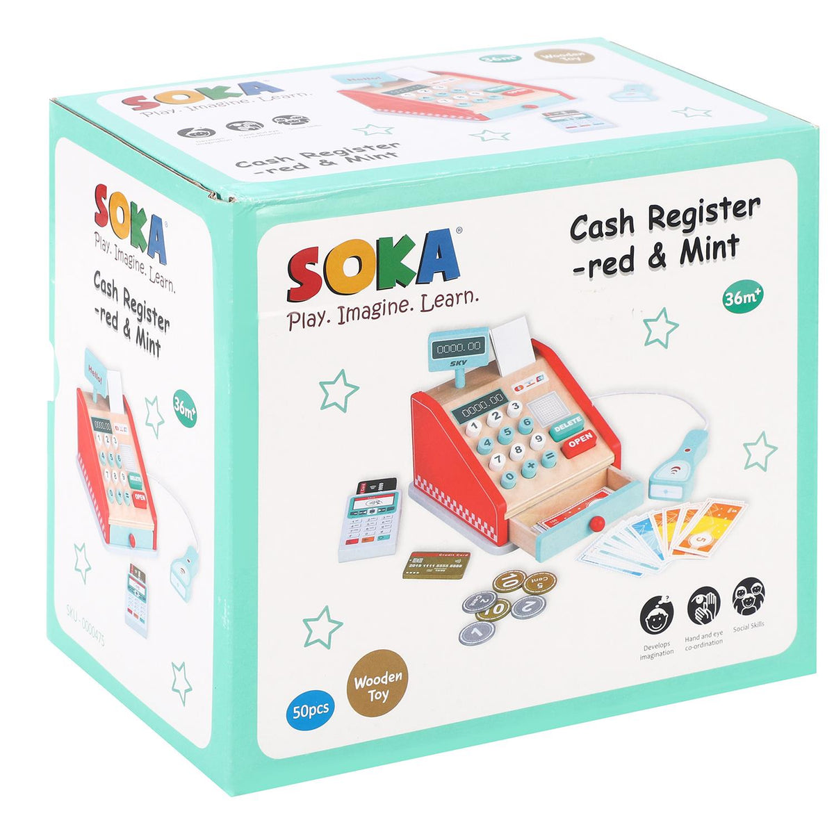 SOKA Wooden Cash Register Play Set with Realistic Accessories – Pretend Shop Toy for Kids, Red & Mint