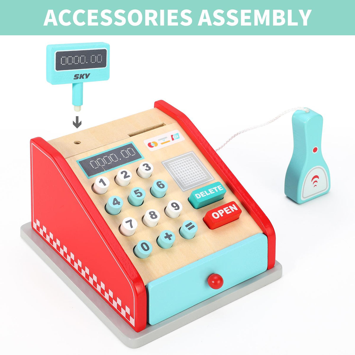 SOKA Wooden Cash Register Play Set with Realistic Accessories – Pretend Shop Toy for Kids, Red & Mint