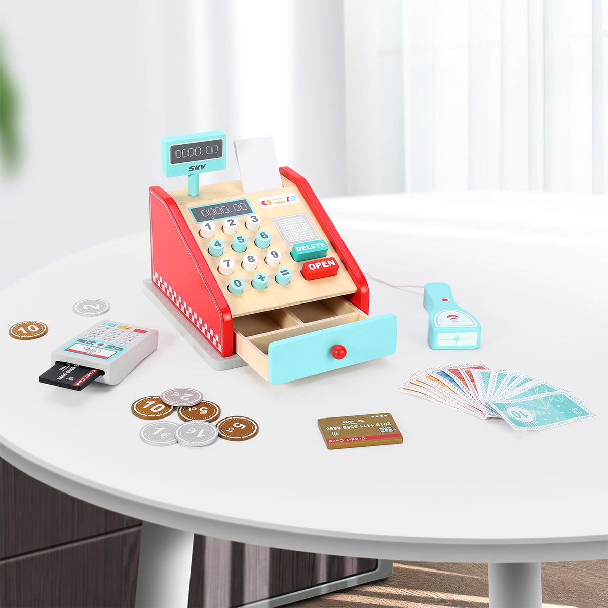 SOKA Wooden Cash Register Play Set with Realistic Accessories – Pretend Shop Toy for Kids, Red & Mint