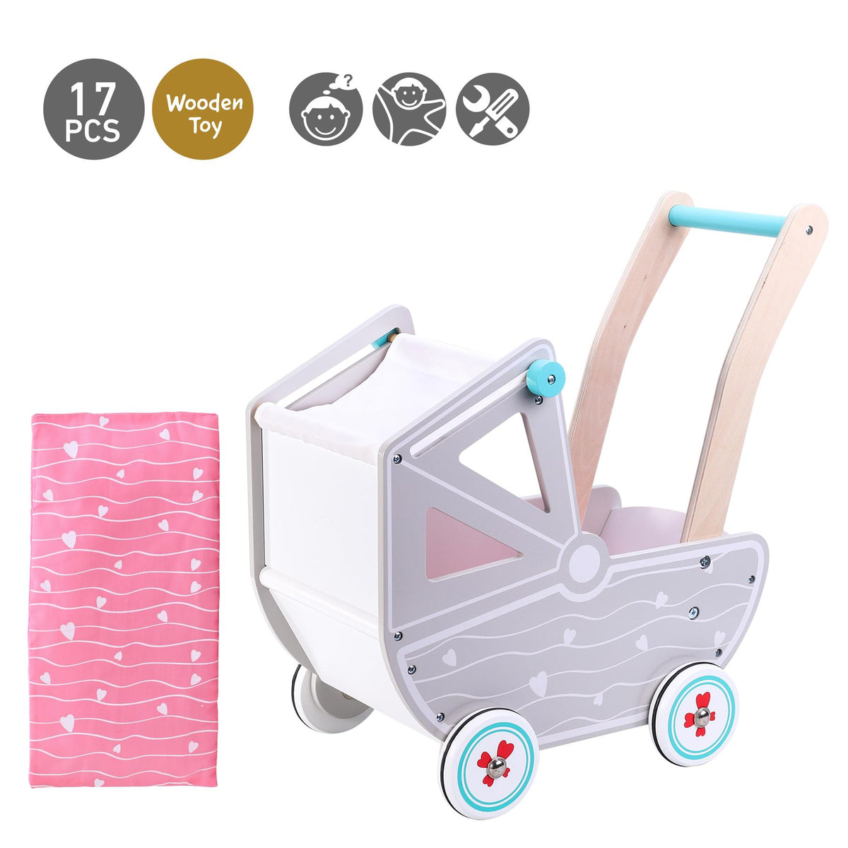 SOKA Wooden Doll's Pram with Bedding – Classic Role Play Toy for Ages 3+