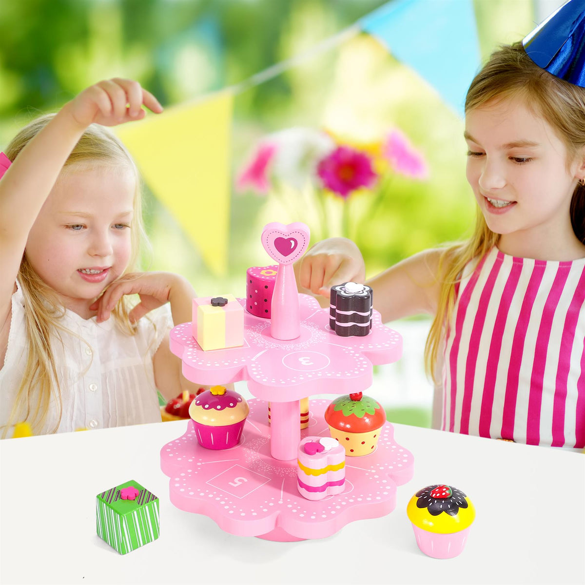 SOKA Wooden Magnetic Cake Stand Play Set, Heart Design – Pretend Afternoon Tea Toy for Kids