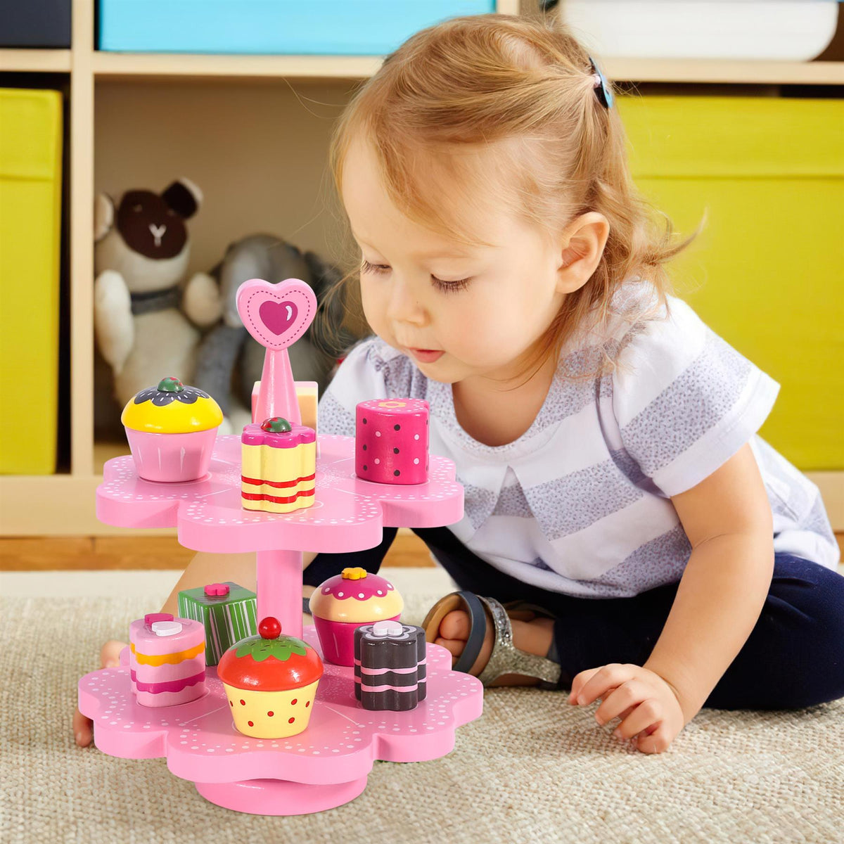 SOKA Wooden Magnetic Cake Stand Play Set, Heart Design – Pretend Afternoon Tea Toy for Kids