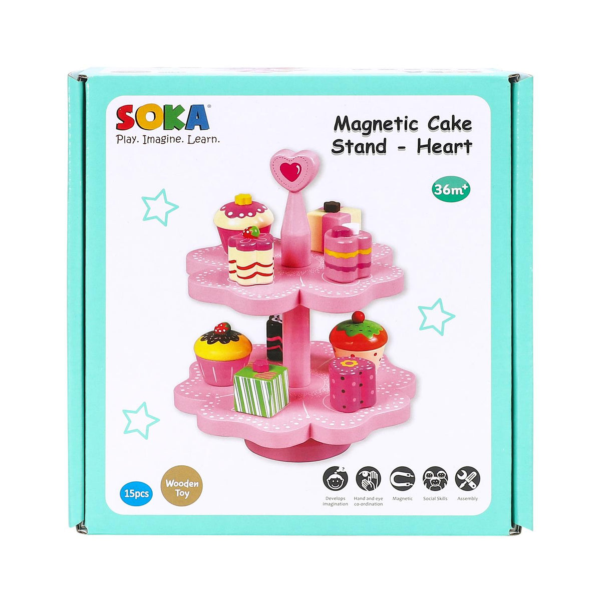 SOKA Wooden Magnetic Cake Stand Play Set, Heart Design – Pretend Afternoon Tea Toy for Kids