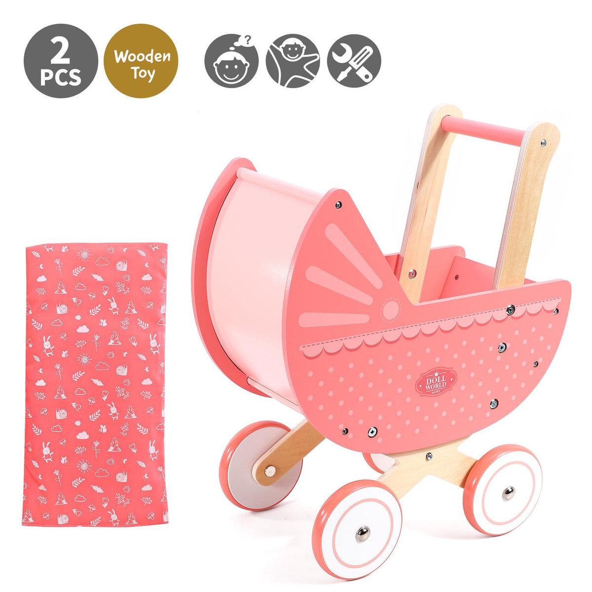 SOKA Wooden Doll World Pram with Bedding, Lace Trim & Polka Dots – Pretend Play Toy for Toddlers, Pink