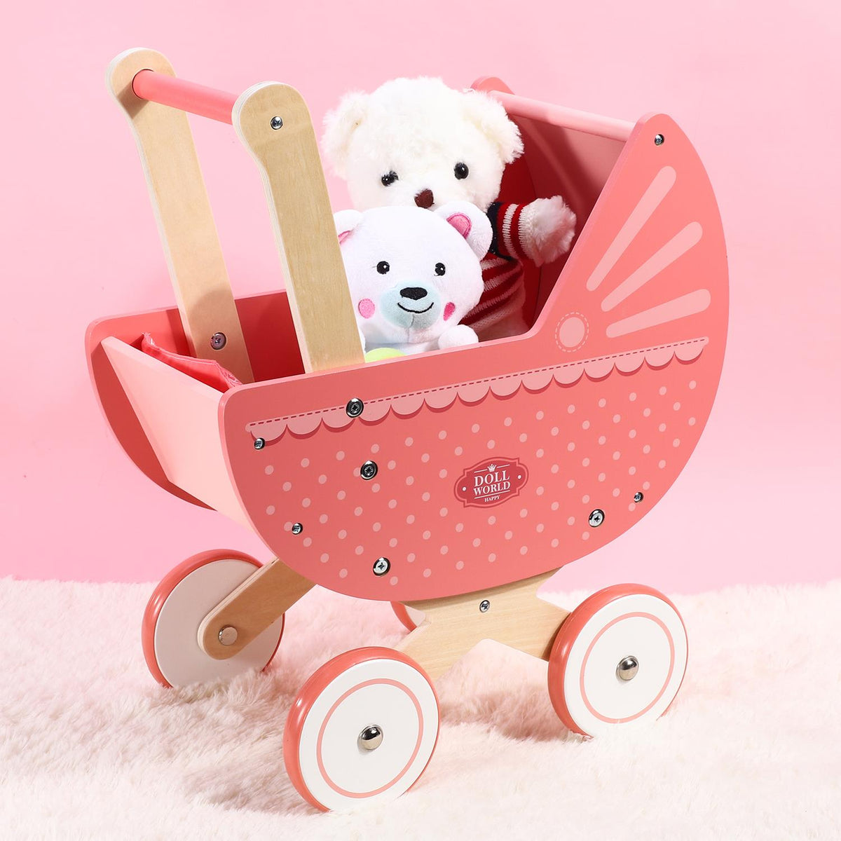 SOKA Wooden Doll World Pram with Bedding, Lace Trim & Polka Dots – Pretend Play Toy for Toddlers, Pink