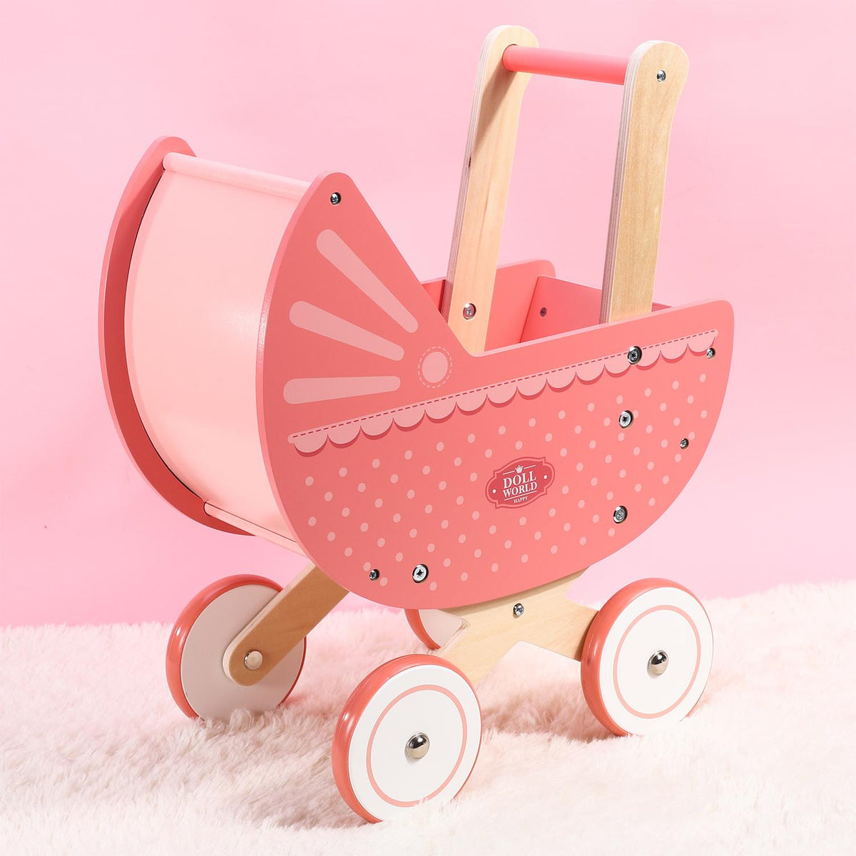 SOKA Wooden Doll World Pram with Bedding, Lace Trim & Polka Dots – Pretend Play Toy for Toddlers, Pink