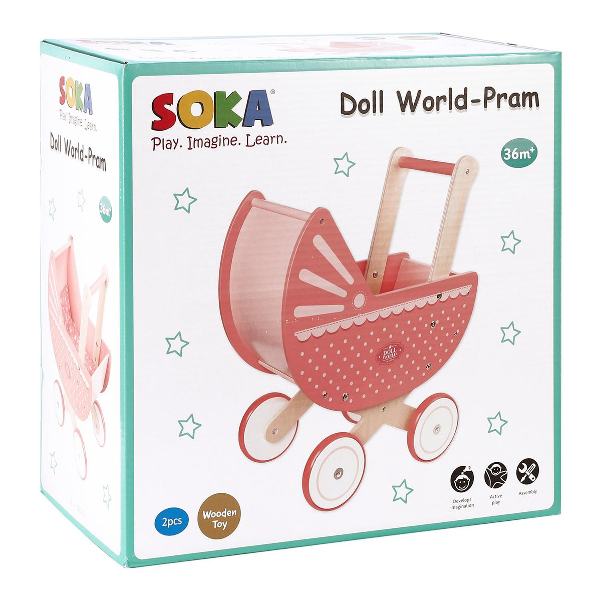 SOKA Wooden Doll World Pram with Bedding, Lace Trim & Polka Dots – Pretend Play Toy for Toddlers, Pink